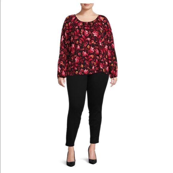 Terra & Sky Women’s Plus Size Floral Peasant Top with Long Sleeves - Picture 2 of 5